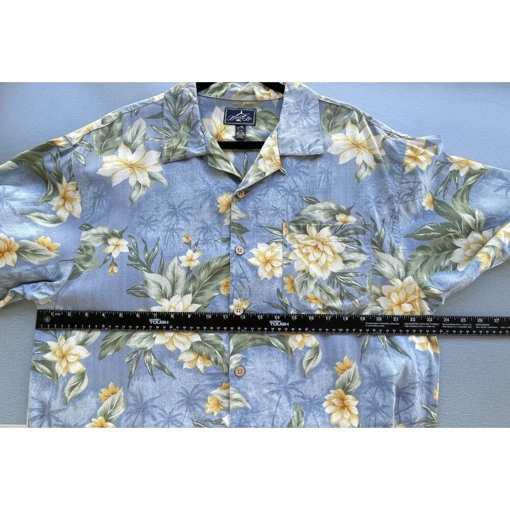 Bermuda Bay Men's Hawaiian Shirt Short sleeves 100% Silk Size Large Blue Floral